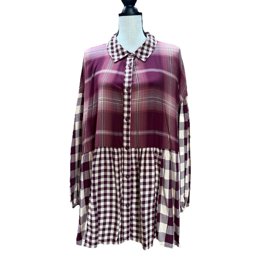 Cato Women’s Oversized Button-Up Shirt Size 2XL Beige/Burgundy Balloon Sleeve